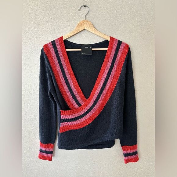C/MEO Collective Faux Wrap Pink Red Navy Knit V Neck Sweater Size XS - Picture 1 of 8